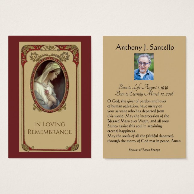 Catholic Mary Funeral Memorial Prayer Holy Card (Front & Back)