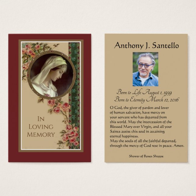 Catholic Mary Funeral Memorial Prayer Holy Card (Front & Back)