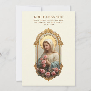 Catholic Mary with Pink Roses Floral Scripture