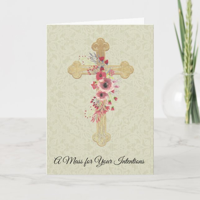 Catholic Mass Memorial Offering Cross Pink Flowers Card (Front)