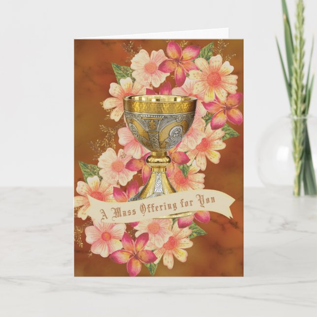 Catholic Mass Offering Autumn Floral Gold Chalice Holiday Card (Front)