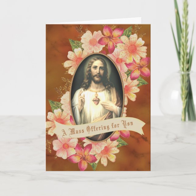 Catholic Mass Offering Floral Sacred Heart Jesus Holiday Card (Front)