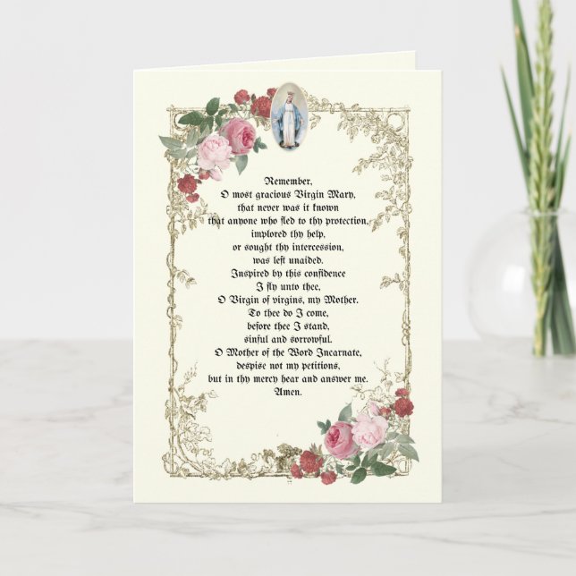 Catholic Memorare Virgin Mary Prayer Pink Roses Card (Front)