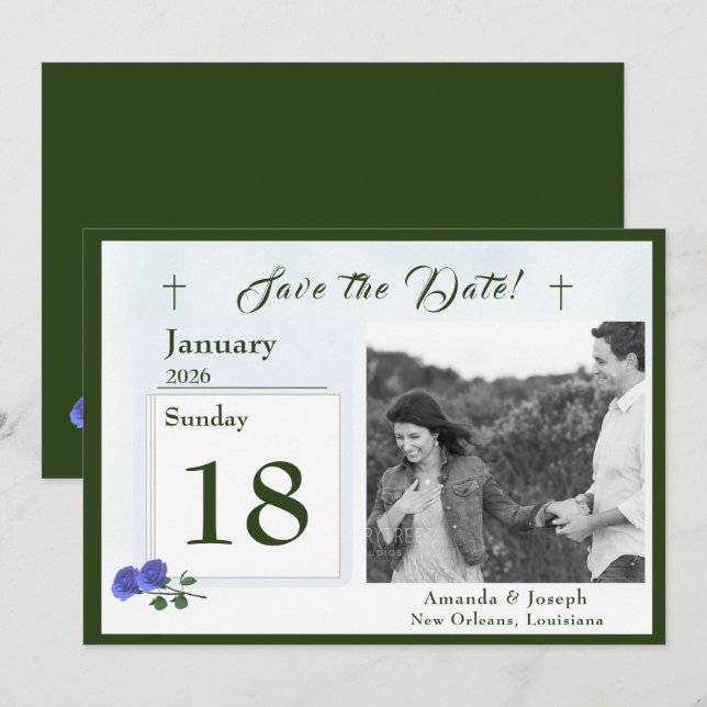 Catholic Misty Blue and Green Save The Date (Front/Back)