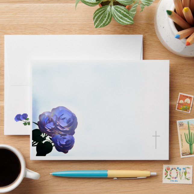 Catholic Misty-Blue and Green Wedding Invitation Envelope (Desk)