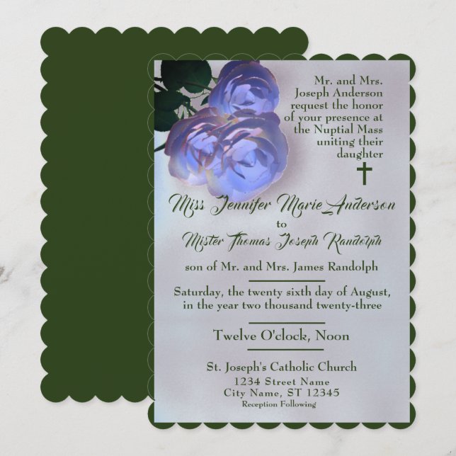 Catholic Misty Mauve and Green Wedding Invitation (Front/Back)