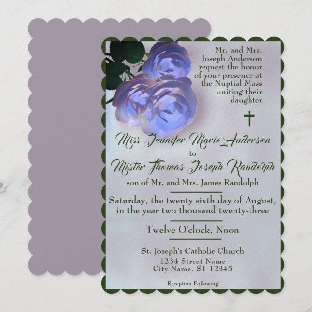 Catholic Misty Mauve and Green Wedding Invitation (Front/Back)