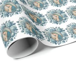 Catholic Mother Mary Blue Roses Wrapping Paper