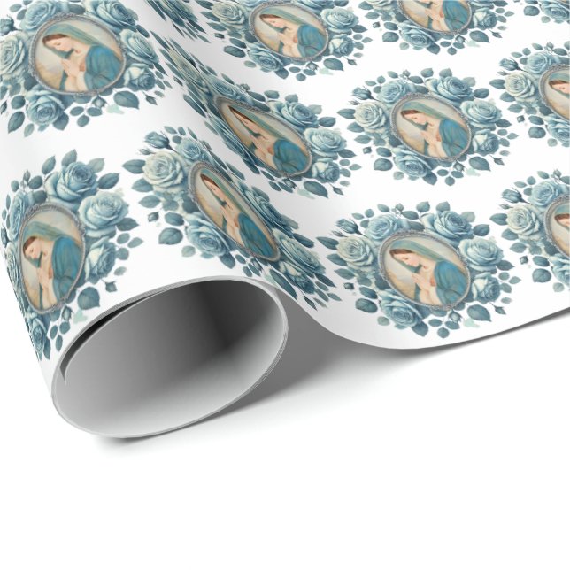 Catholic Mother Mary Blue Roses Wrapping Paper (Roll Corner)