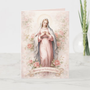 Catholic Mother Mary Pink Roses Valentine Holiday Card