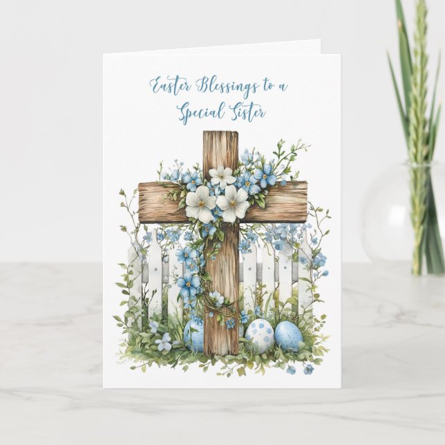Catholic Nun Easter Blessings Cross White Fence Card (Front)