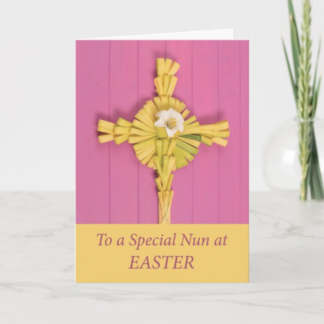 Catholic Nun Easter Palm Cross with Lily on Pink Holiday Card (Front)