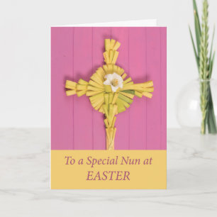 Catholic Nun Easter Palm Cross with Lily on Pink Holiday Card