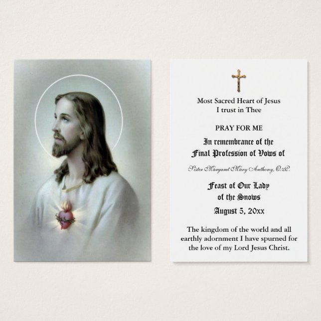 CATHOLIC NUN PROFESSION OF VOWS HOLY CARD (Front & Back)