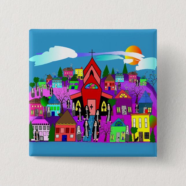 Catholic Nuns Art "Heading to Church" 15 Cm Square Badge (Front)