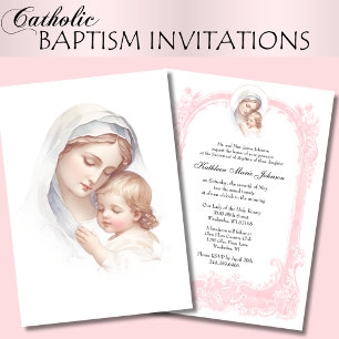Catholic Pink Baptism Christening Mary Jesus Invitation