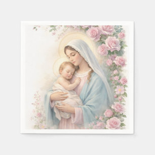 Catholic Pink Floral Baby Jesus & Mother Mary Napkin