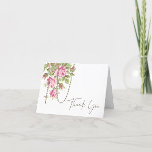 Catholic Pink Roses Blessed Mary Rosary Thank You Card