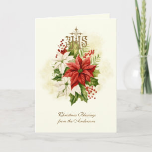 CATHOLIC POINSETTIA IHS HOLY NAME OF JESUS HOLIDAY CARD