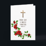 Catholic Priest Anniversary Ordination Crucifix Card<br><div class="desc">Celebrate the Anniversary of Priesthood with this beautiful traditional Catholic image of a gold Crucifix with red roses and scripture verse. On the left side of the card is the poem by Jean-Baptiste Henri Lacordaire, O.P. (1802-1861) To live in the midst of the world with no desire for its pleasures;...</div>