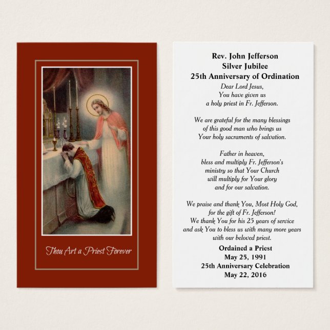 CATHOLIC PRIEST ORDINATION ANIVERSARY PRAYER CARD (Front & Back)