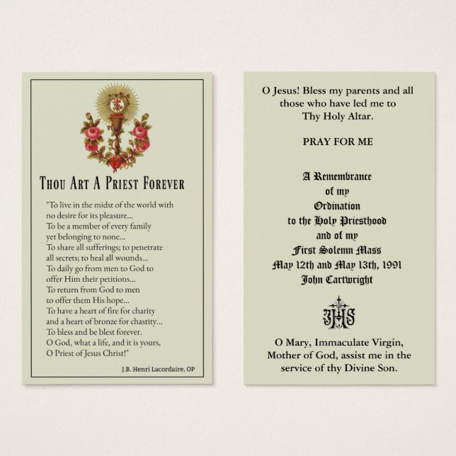 CATHOLIC PRIEST ORDINATION  ANNIVERSARY HOLY CARDS (Front & Back)