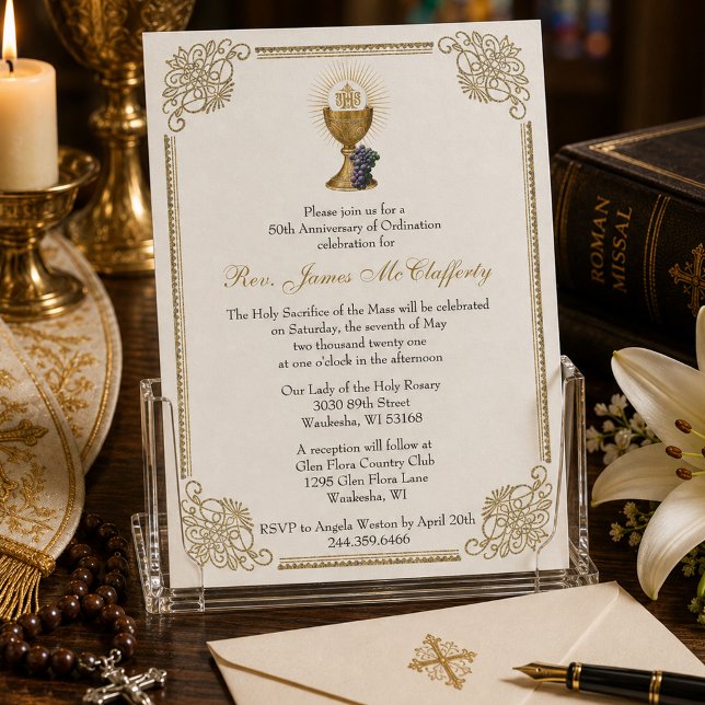 Catholic  Priest Ordination Gold Anniversary Invitation (Creator Uploaded)