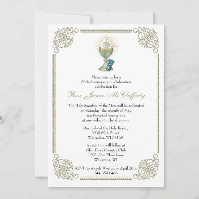 Catholic  Priest Ordination Gold Anniversary Invitation (Front)