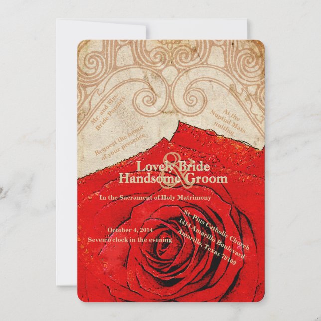 Catholic Red Rose Vintage Wedding Invitation (Front)