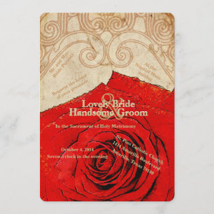 Catholic Red Rose Vintage Wedding Invitation