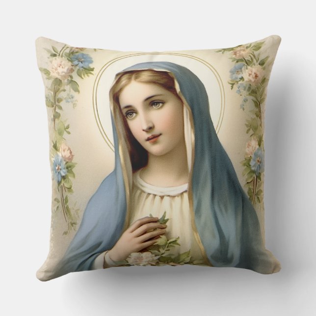 Catholic Religious Blessed St. Mary Floral  Cushion (Back)