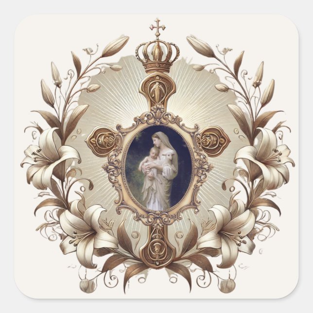 Catholic Religious Floral Jesus Virgin Mary  Square Sticker (Front)