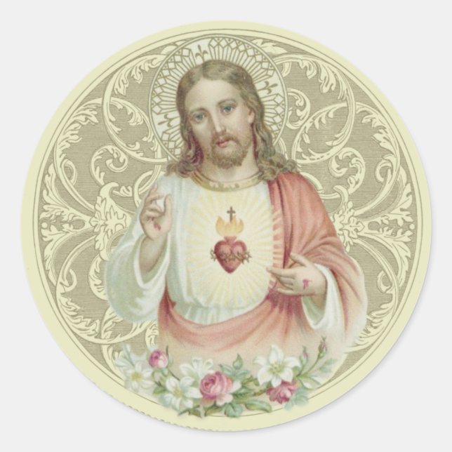 Catholic Religious Sacred Heart Floral Jesus Classic Round Sticker (Front)
