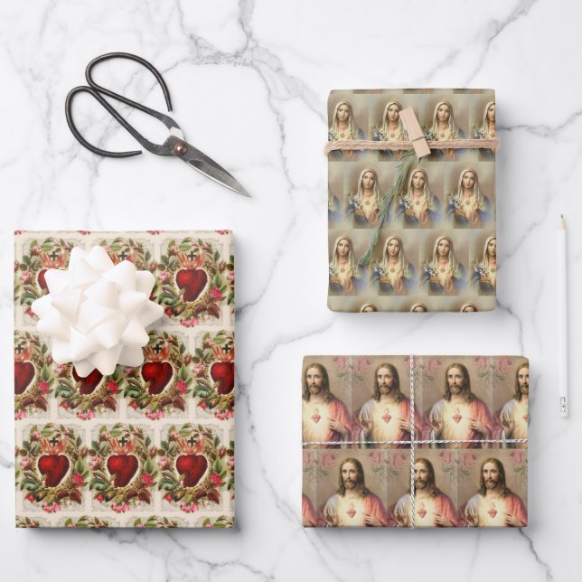 Catholic Religious Sacred Heart Jesus Virgin Mary  Wrapping Paper Sheet (Front)