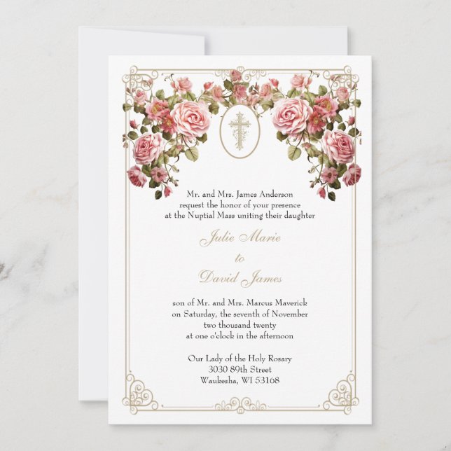 Catholic Religious Wedding Gold Cross Roses Invitation (Front)