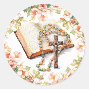 Catholic Rosary Floral Bible Religious Classic Round Sticker