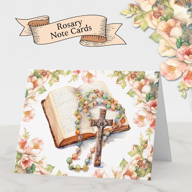 Catholic Rosary Floral Bible Religious Note Card (Beautiful elegant Catholic Holy Rosary Note Cards )
