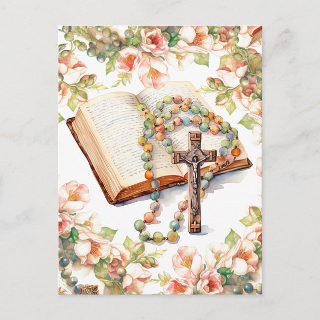 Catholic Rosary Floral Bible Religious Postcard (Front)
