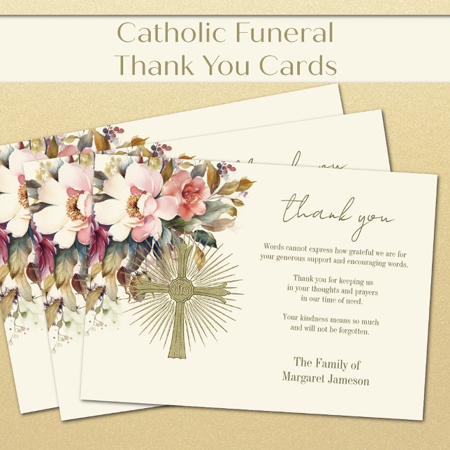 Catholic Rosary Floral Funeral Condolence Sympathy Thank You Card (Creator Uploaded)