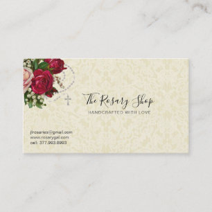 Catholic Rosary Pink Red Roses Ecru Lace Business Card
