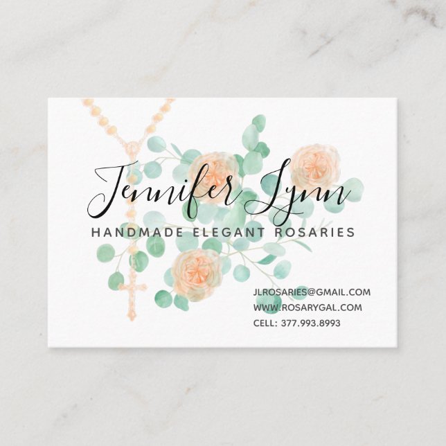 Catholic Rosary Religious Peach Floral Business Card (Front)