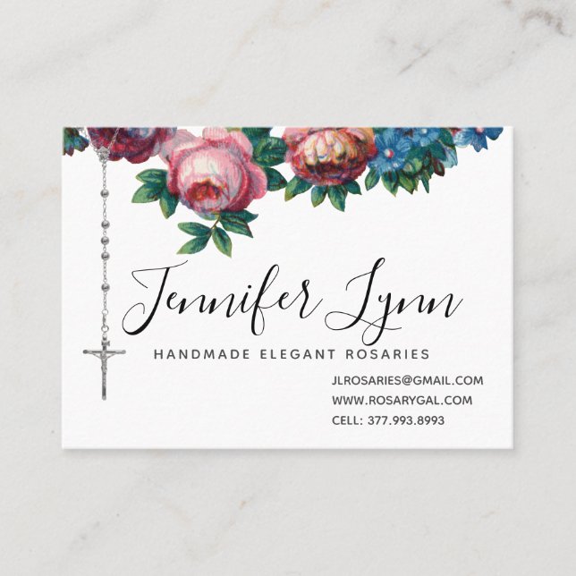 Catholic Rosary Religious Pink Roses Business Card (Front)