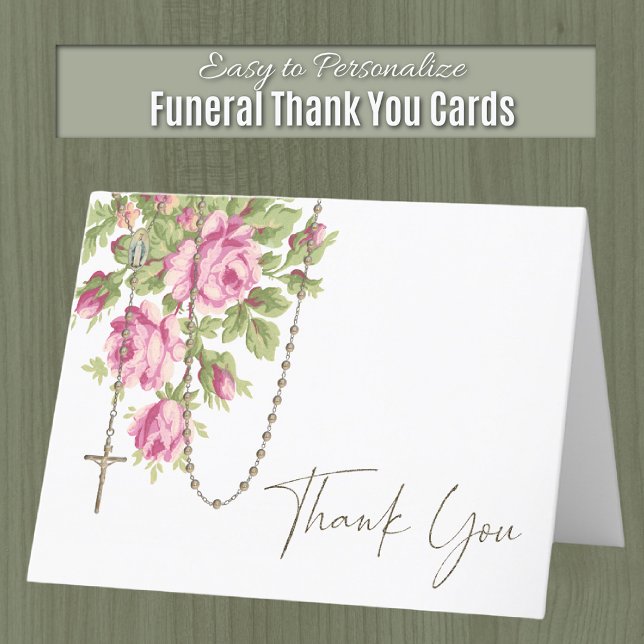 Catholic Roses Rosary Funeral Condolence Sympathy Thank You Card (Traditional Catholic Funeral Rosary Thank You cards)