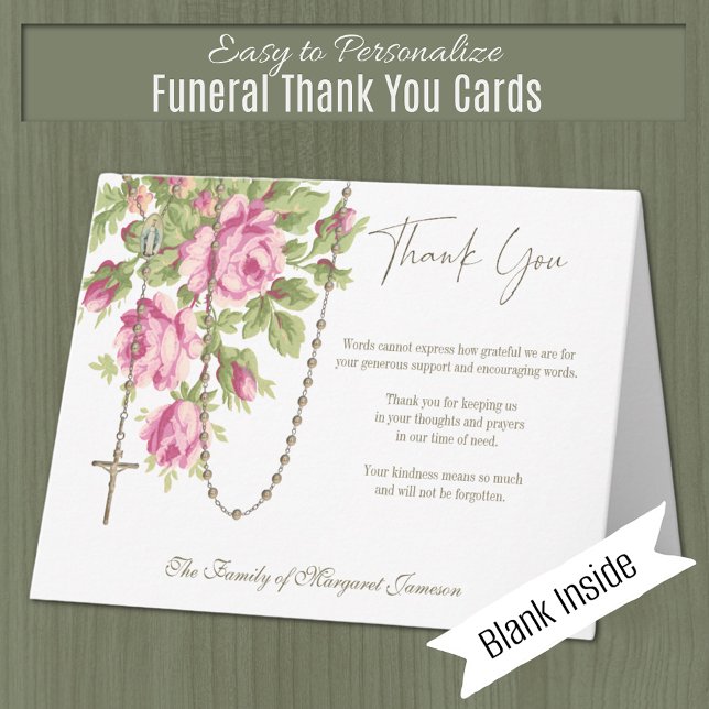 Catholic Roses Rosary Funeral Memorial Sympathy Thank You Card (Catholic Funeral Memorial Thank You Card)