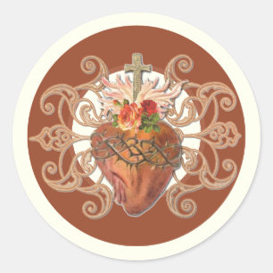 Catholic Sacred Heart Jesus Roses Elegant Classic Round Sticker