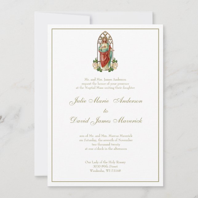 Catholic Sacred Heart Jesus Roses Wedding Invitation (Front)