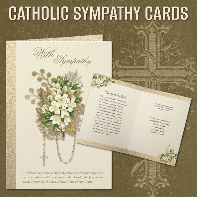 Catholic Sympathy Condolence Floral Rosary  Card (TRADITIONAL CATHOLIC FUNERAL SYMPATHY CARDS WITH ROSARY AND SCRIPTURE)