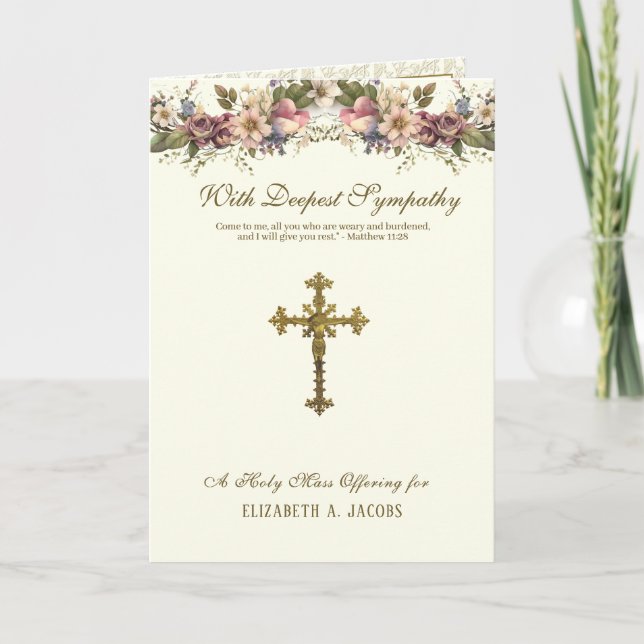 Catholic Sympathy Mass Offering Crucifix Floral Card (Front)