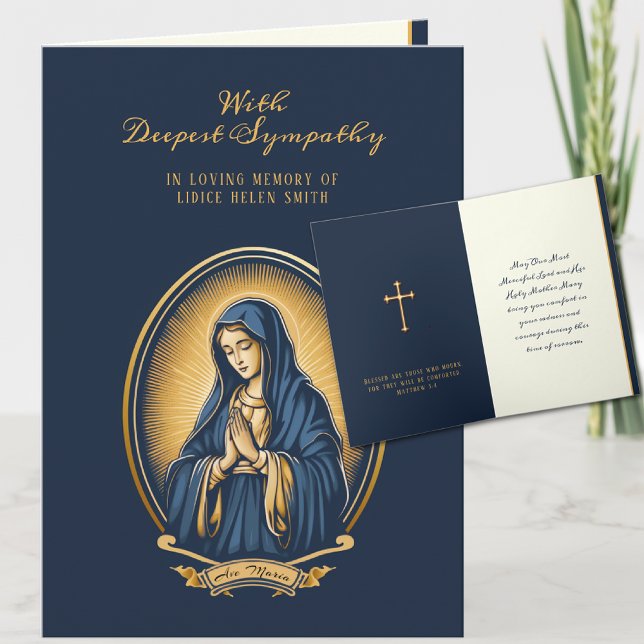 Catholic Sympathy Virgin Mary Gold Crucifix  Card (Expressions of sympathy are greatly appreciated during these sorrowful moments. )