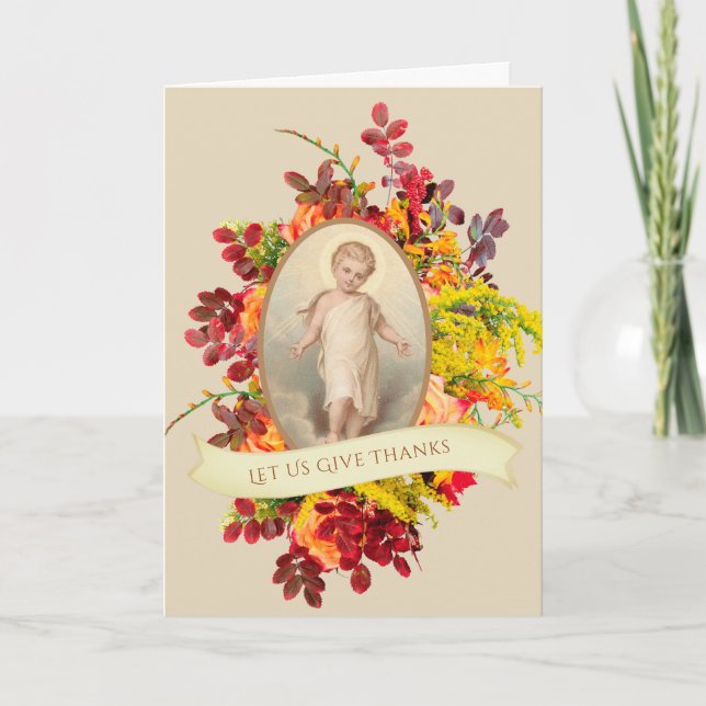 Catholic Thanksgiving  Child Jesus Autumn Leaves Holiday Card (Front)